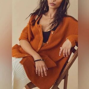 Free People Waffle Knit Oversized Cardi Tunic Copper, Large (B8)